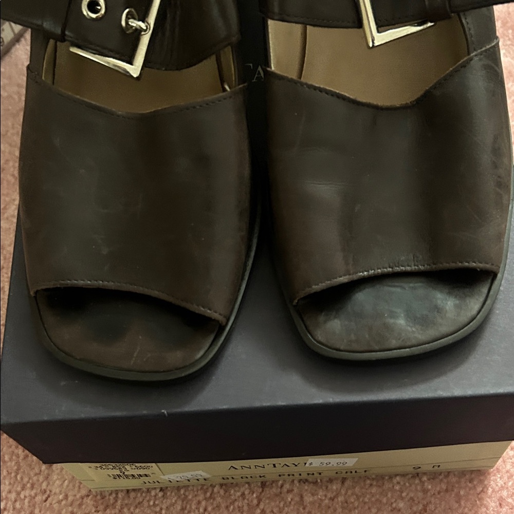 Enzo Angiolini Chocolate Buckle Peep Toe Heels - Picture 2 of 6